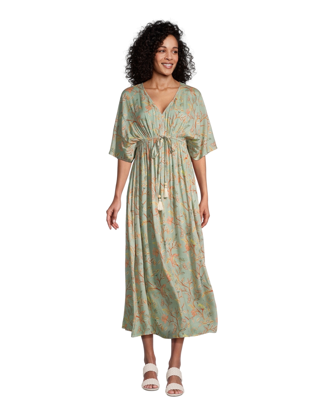 World Market Mira Sage Green And Coral Veda Kaftan Maxi Dress, Size L/XL